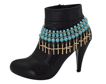 Women Gold Metal Boot Chain Bracelet Anklet Shoe Multi Cross Charm Turquoise Blue Bead Wrap Around Southwestern Accessory