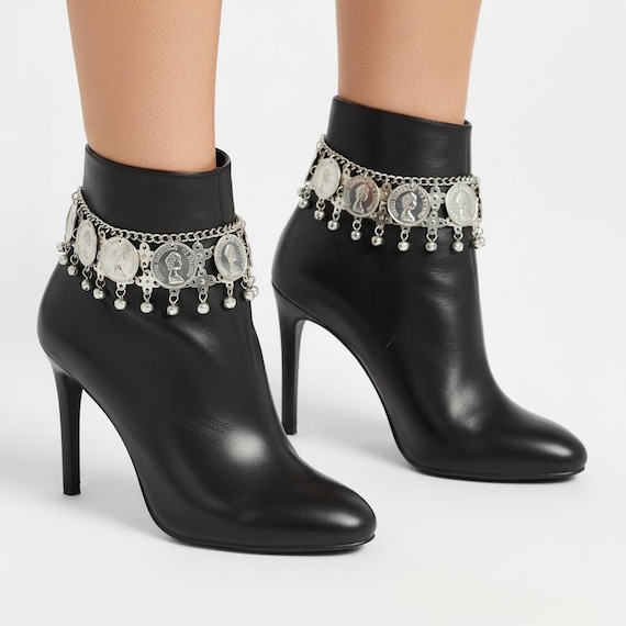 Silver Coin Boot Chains: Western Ankle Bracelet Set, Handmade USA
