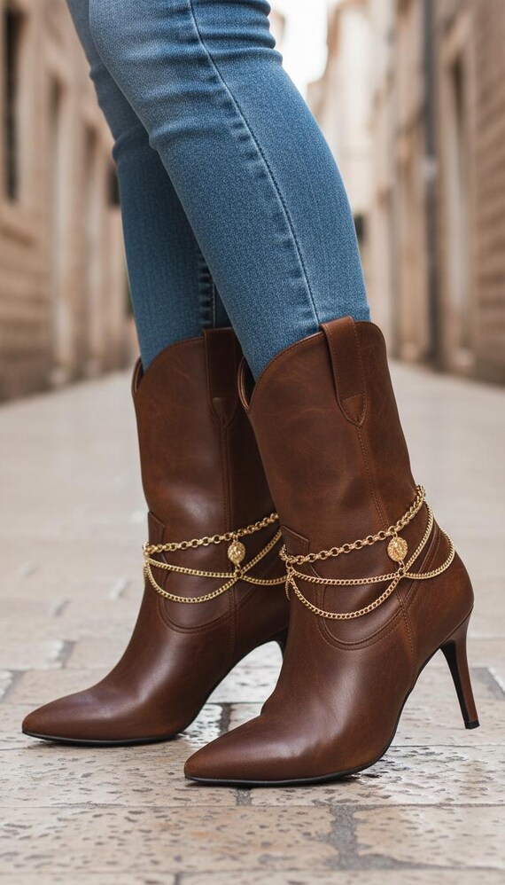 2PCS Gold Boot Chain Bracelet: Western Lion Head + Waves Charm Anklet SET   BC123