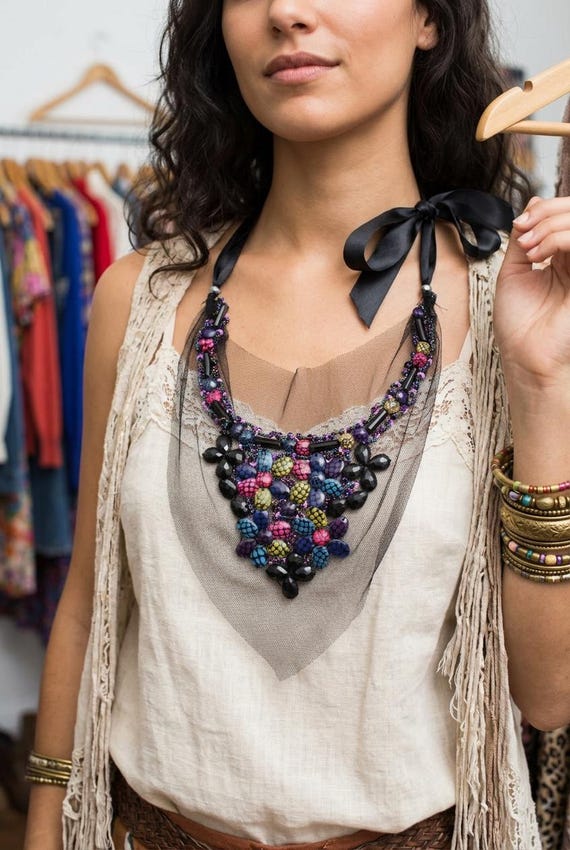Women black mesh bib necklace, colorful beaded, boho satin tie necklace WN42