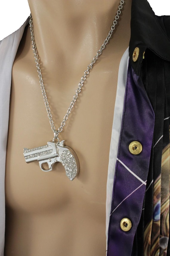 Men's Silver Revolver Pendant Necklace Chain Streetwear Bling Jewelry M1