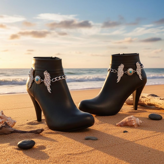 Angel Wings Boot Chains: Silver Rhinestone Turquoise Charm, Western Jewelry (Pair)