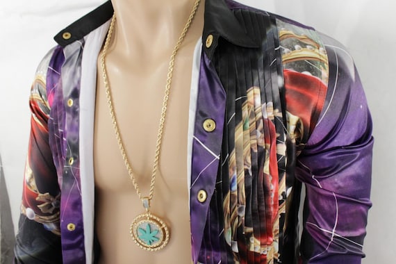 Men’s gold cannabis leaf pendant necklace, round medallion rope chain M5