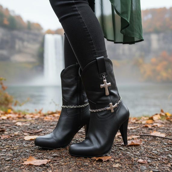 Women silver cross boot chain bracelets pair, shoe anklets western jewelry, handmade USA  BC249