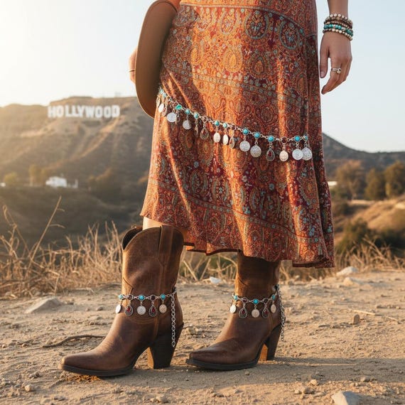 Silver boot chain bracelets pair, turquoise blue red coin charm shoe anklets set BC190