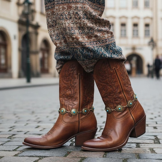 2PCS Women Gold Metal Boot Chain Turquoise Flower Shoe Charm Anklet Western Jewelry BC177