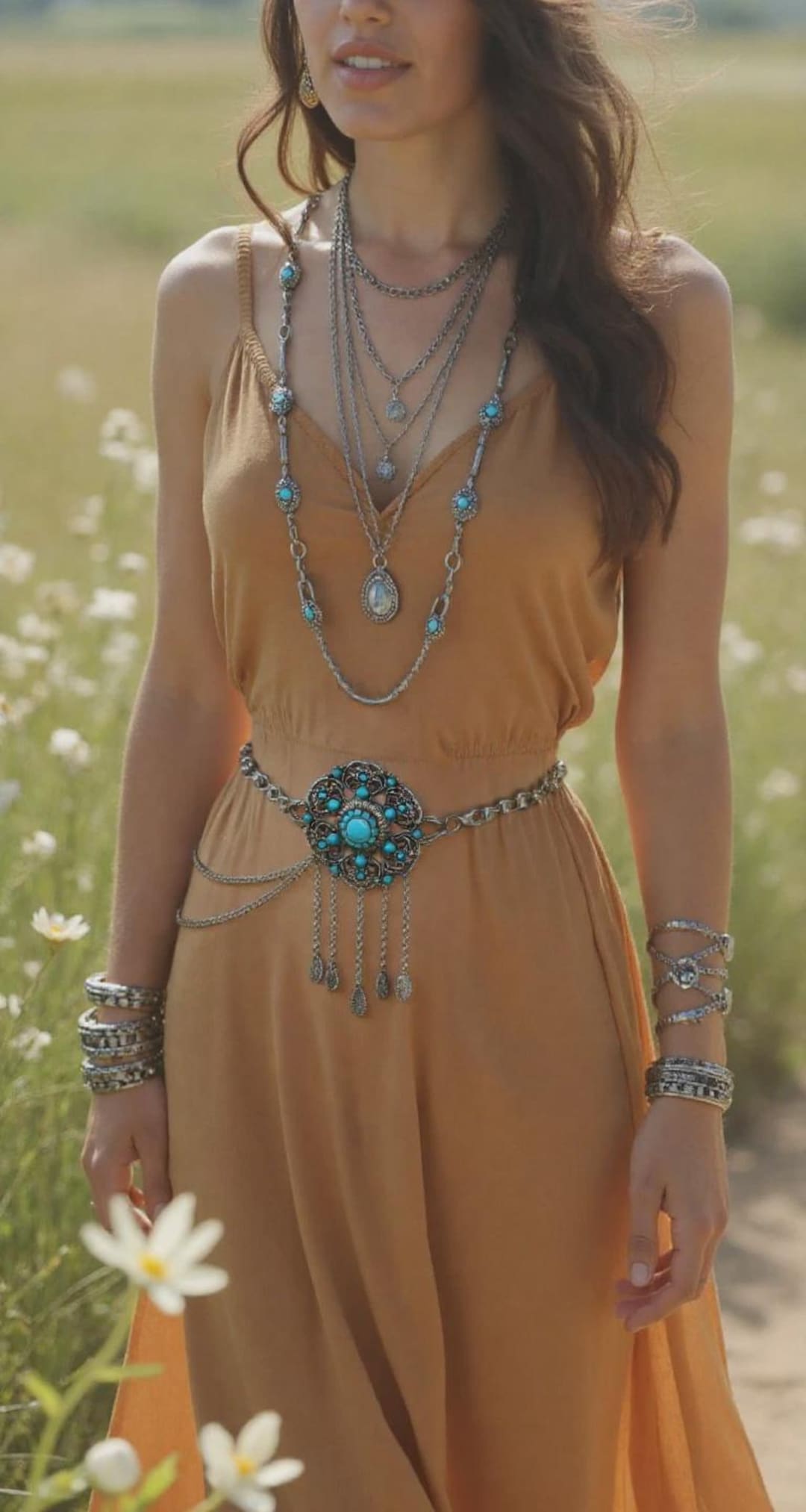 Turquoise & Silver Chain Belt: Southwestern Floral Charm 