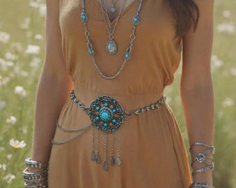 Turquoise & Silver Chain Belt: Southwestern Floral Charm, Handmade USA