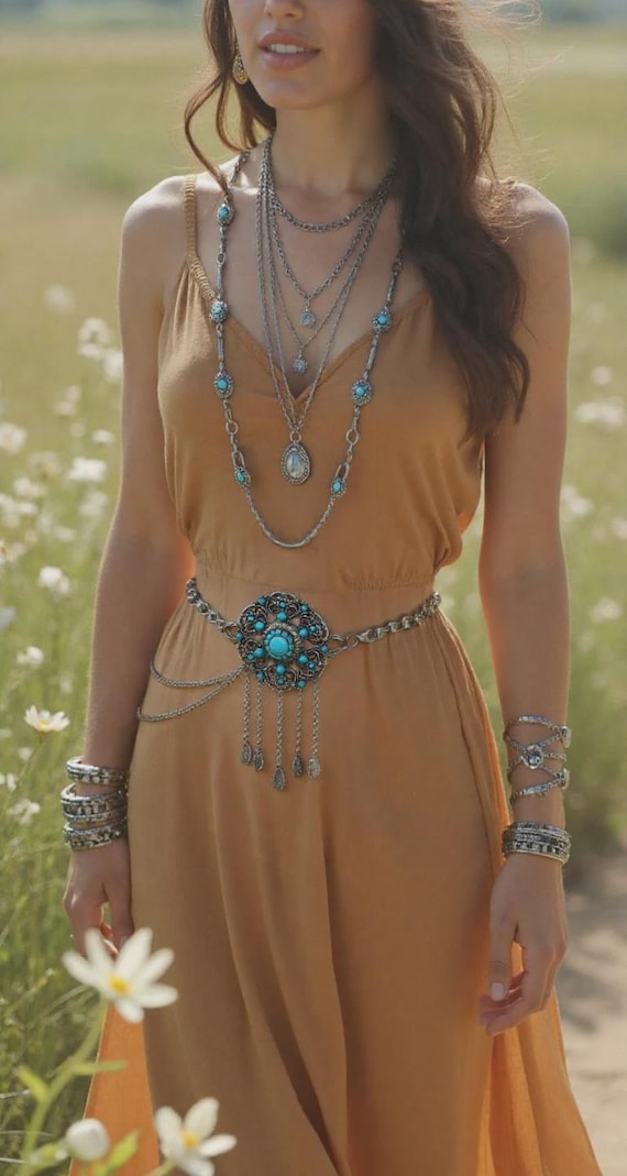 Turquoise & Silver Chain Belt: Southwestern Floral Charm, Handmade USA