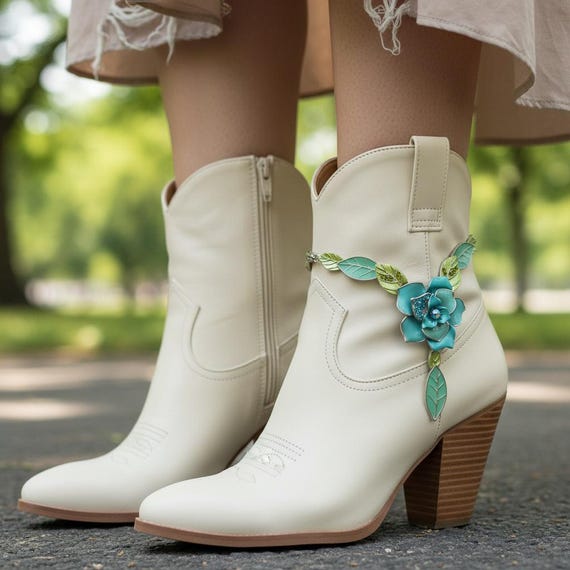 Women silver boot chain anklets pair, elegant blue flower leaf charm shoe jewelry BC229