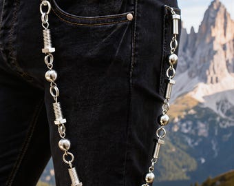 Men Silver Biker Wallet Chain: Heavy Metal Ball & Screw Design Handmade In USA  - M26
