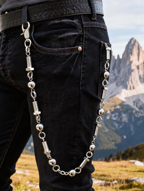 Men Silver Biker Wallet Chain: Heavy Metal Ball & Screw Design Handmade In USA  - M26