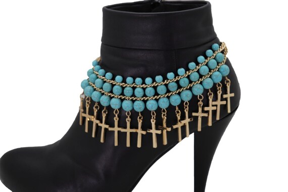 Western Boot Chain: Gold Cross Charms, Turquoise Beads (Single)