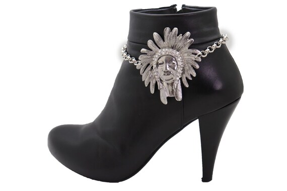 Women Silver Metal Boot Chain Western Bracelet Shoe American Indian Head Charm Anklet Accessory