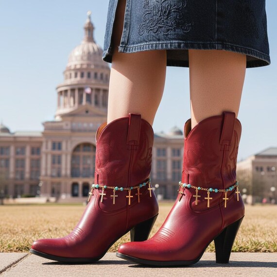 Gold Boot Chain Bracelets SET: Western Cross Charms, Turquoise Blue Beads BC214