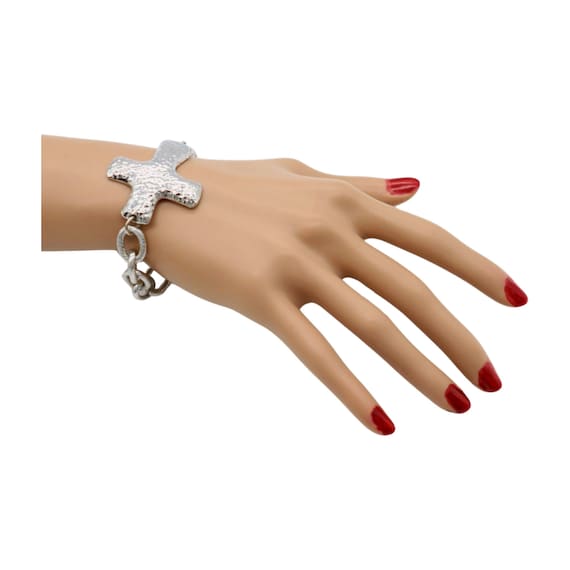Silver Metal Chain Link Bracelet: Hammered Cross Charm, Adjustable