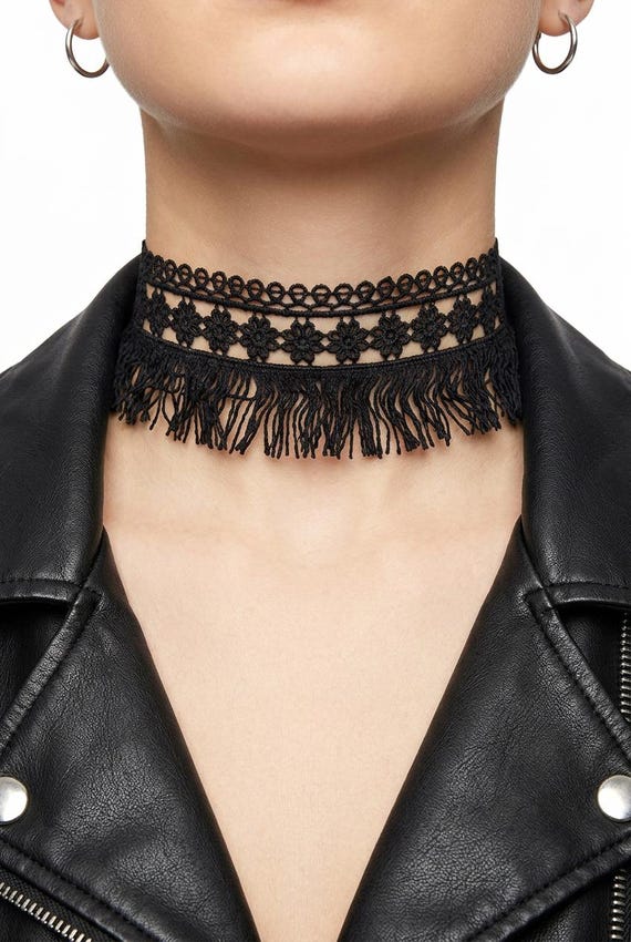 Women Black Lace Fringe Choker Necklace, Floral Fabric Collar WN41
