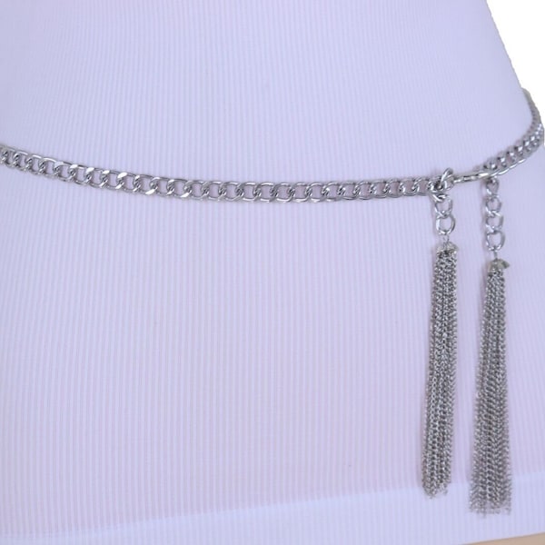 Women Silver Metal Chain Links Hip High Waist Fashion Belt Long Tassel Fringes Fit Size XS S M L XL