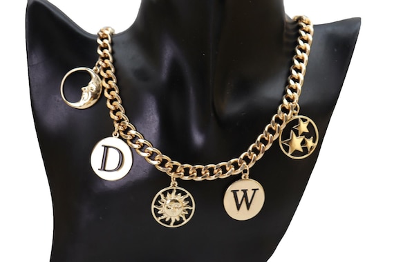 Gold Celestial Charm Necklace, Chunky Chain, Moon Sun Star D W Pendants WN49