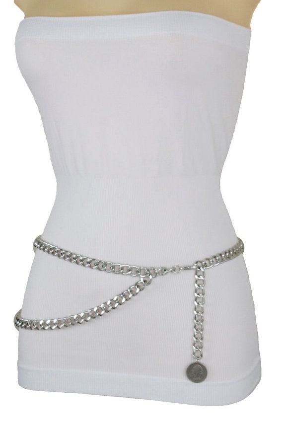 Silver Metal Chain Belt: Quarter Coin Charm Waistband