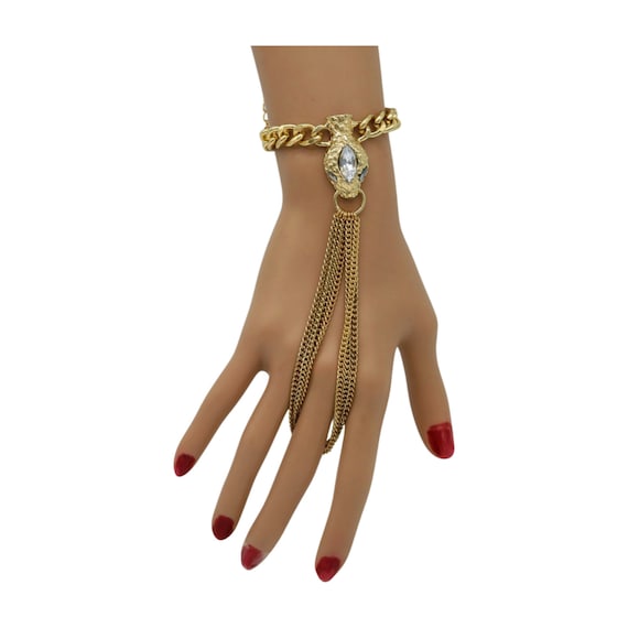 Gold Snake Head Hand Chain Bracelet: Rhinestone Bling Ring (Adjustable)