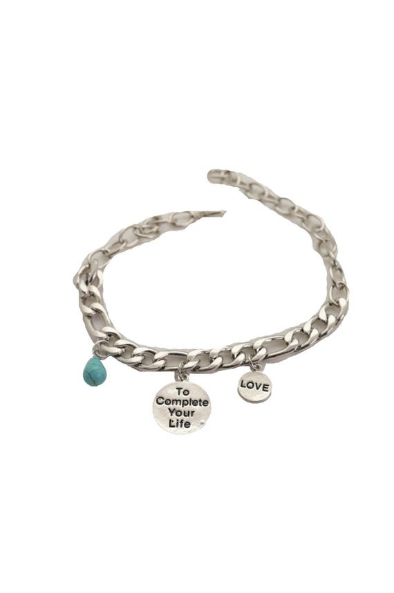 Handmade Silver Boot Chain Bracelets, LOVE Charm, Turquoise Bead Accent (Pair) BC292