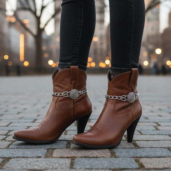 Silver Boot Chain Bracelet SET: Swirl Coin Charm, Western Shoe Anklet (Handmade USA) BC233