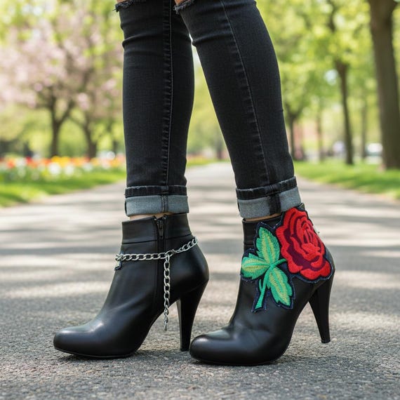 Rose Embroidered Boot Chains – Silver Western Anklets, Handmade in USA