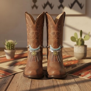 2 STUKS laarskettingen met franje: zilveren cowgirl enkelbanden, etnische charme, handgemaakt VS-turkoois PAAR
