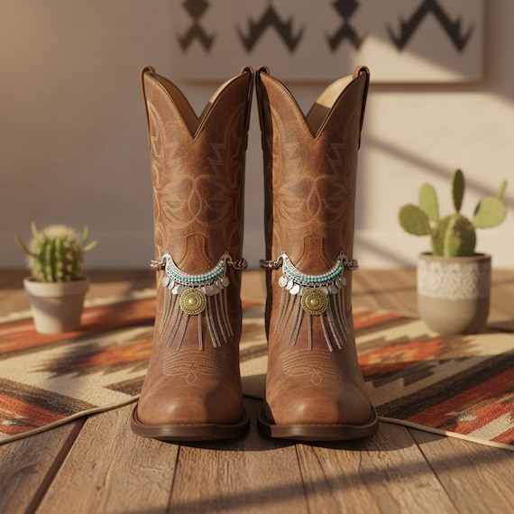 2PCS Fringe Boot Chains: Silver Cowgirl Anklets, Ethnic Charm, Handmade USA Turquoise PAIR
