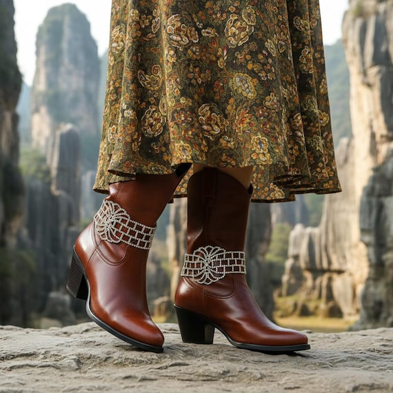 Gold Tone Rhinestone Floral Wide Band Boot Bracelet Pair Women’s Shoe Jewelry BC157