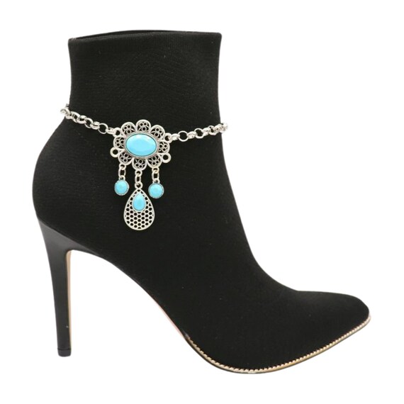 Turquoise Flower Boot Chain: Silver Western Anklet, Bohemian Jewelry