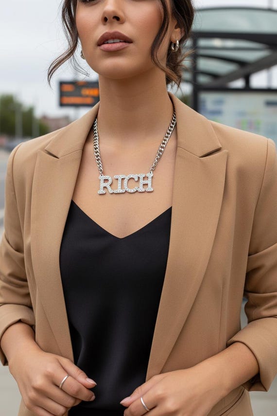 Silver Tone RICH Word Necklace, Chunky Curb Chain Rhinestone Statement Jewelry, Adjustable Hip Hop Style, WN62