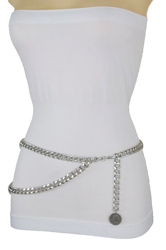 Silver Metal Chain Belt: Quarter Coin Charm Waistband