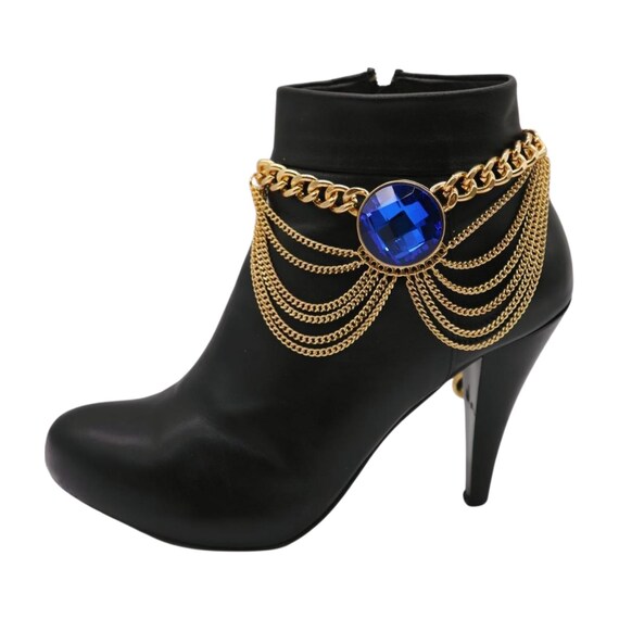 Gold Western Boot Chain: Blue Charm Bling Anklet
