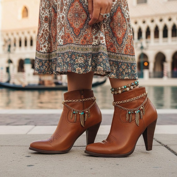 2PCS Women Antique Gold Boot Chain Bracelet Western Shoe Charm Ethnic Feather Anklet BC181