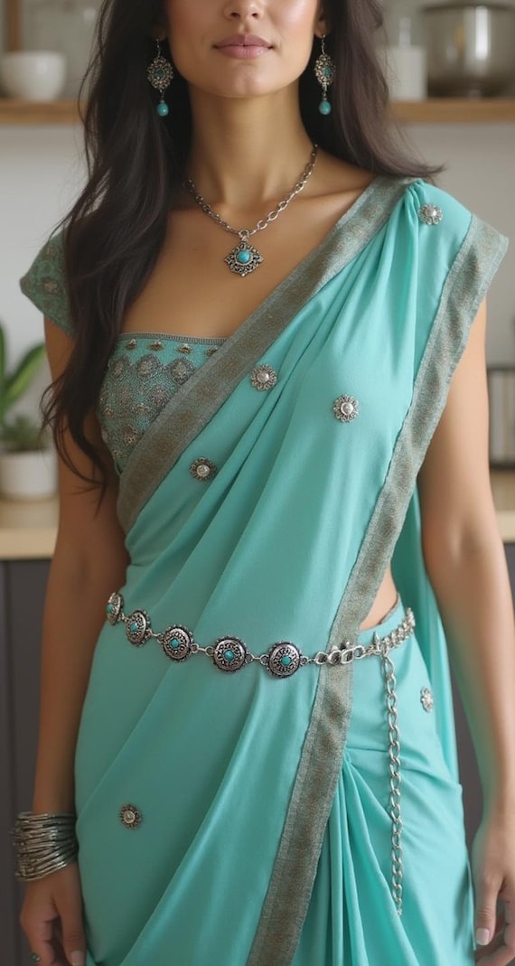 Turquoise Beaded Silver Chain Belt: Western Fashion Waistband