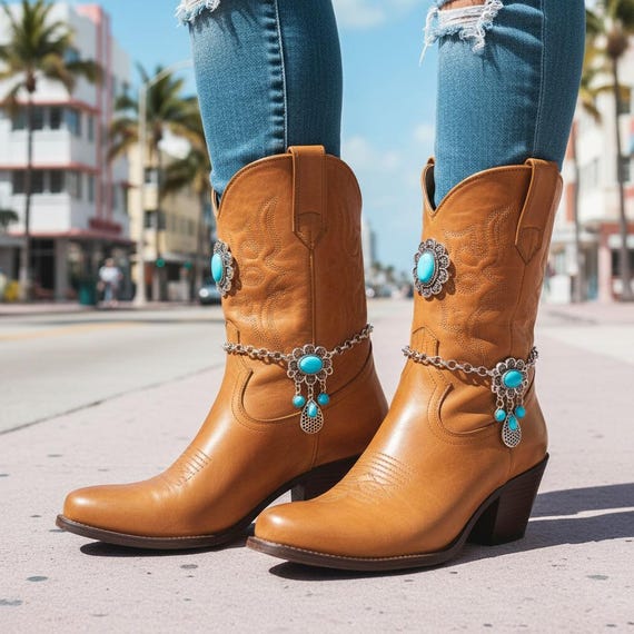 Women Turquoise Flower Boot Chain: Silver Shoe Anklet SET, Bohemian Jewelry BC290