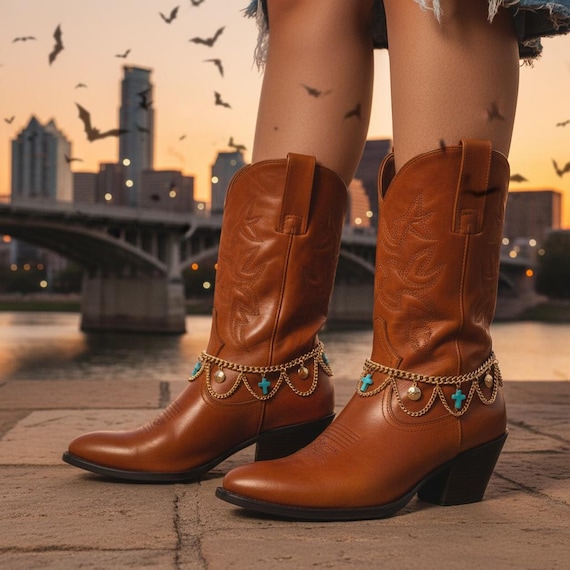 Gold boot chain bracelet pair with turquoise cross charms and coin, BC213