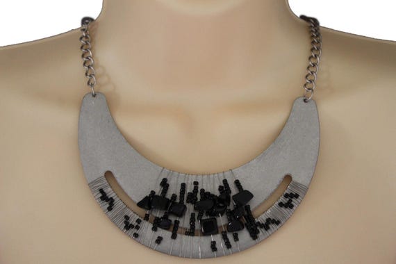 Silver crescent bib necklace black bead statement jewelry set + matching earrings  WN4