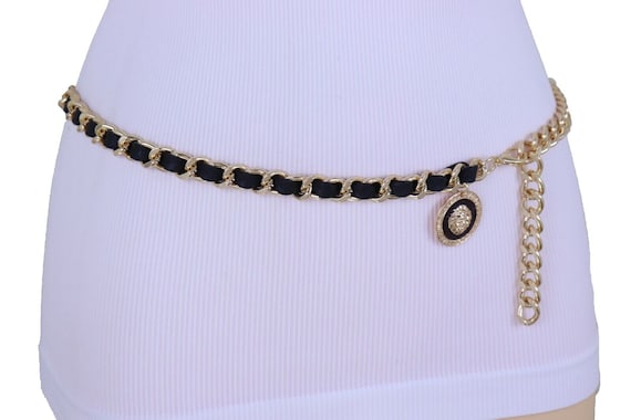 Gold Metal Chain Belt: Black Faux Leather Lion Charm Waistband