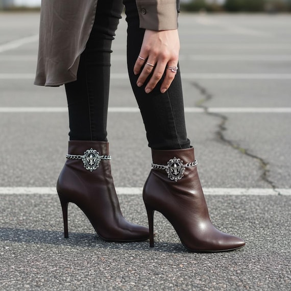 Fleur De Lis Boot Chains: Silver Rhinestone Anklets, Western Shoe Jewelry (Handmade in USA)