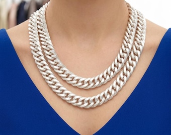 Women silver chain link necklace set two strand and earrings set WN46
