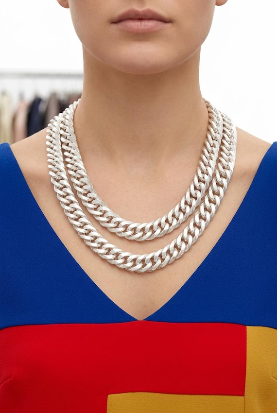 Women silver chain link necklace set two strand and earrings set WN46
