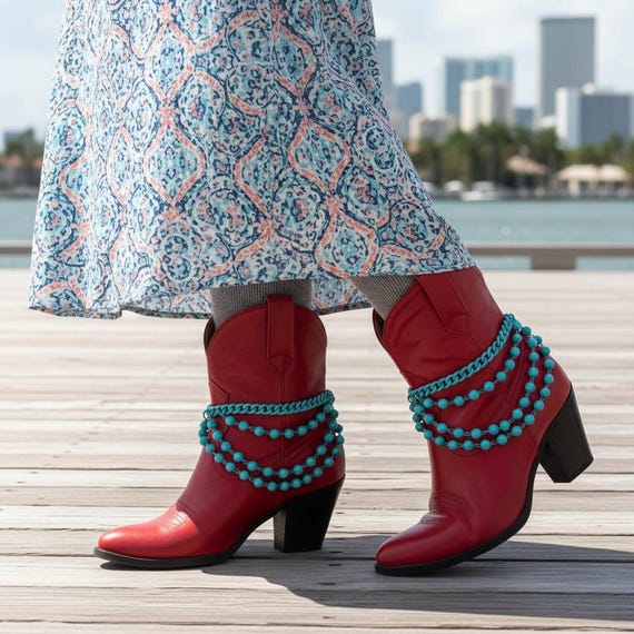 Women Turquoise Blue Layered Wave Balls Boot Chain Bracelets Pair, Western Anklet Set BC268