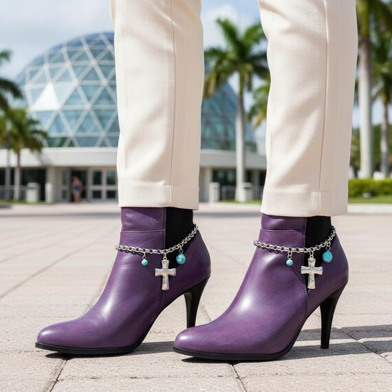 2PCS Women Silver Metal Chain Boot Bracelet Shoe Cross Charm Anklet Turquoise Blue BC270