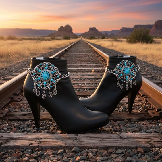 Turquoise Flower Boot Chains: Silver Boho Western Ankle Jewelry - A Pair