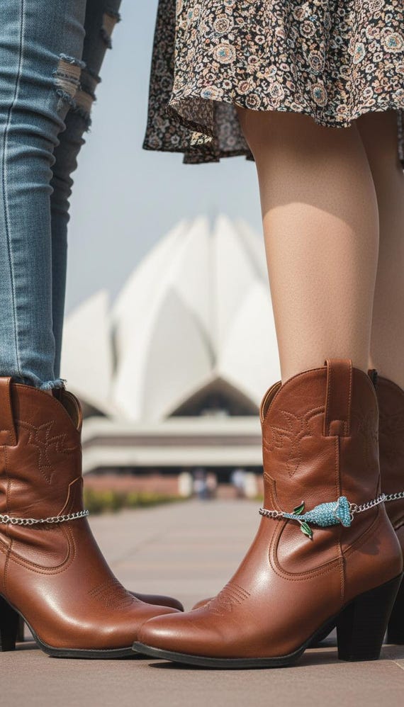 2PCS Western Boot Chain: Silver Metal, Blue Rhinestone Flower SET, USA Made BC121
