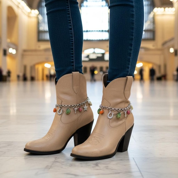 Silver Western Boot Chain Bracelets Pair Multicolor Beads Horseshoe Star Longhorn Charms BC298