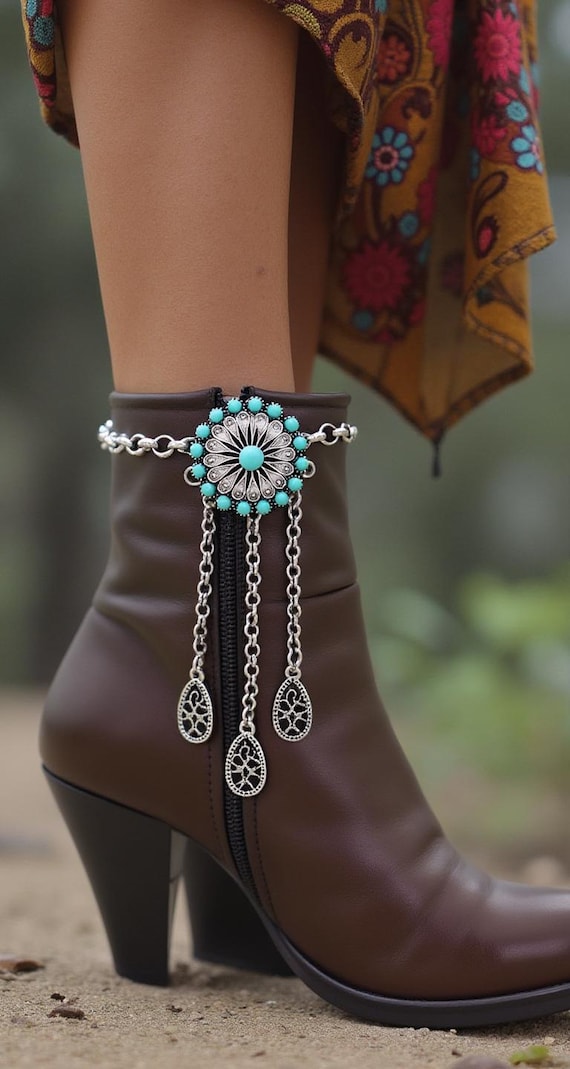 Turquoise Flower Boot Chains: Silver Cowgirl Anklets, Western Jewelry